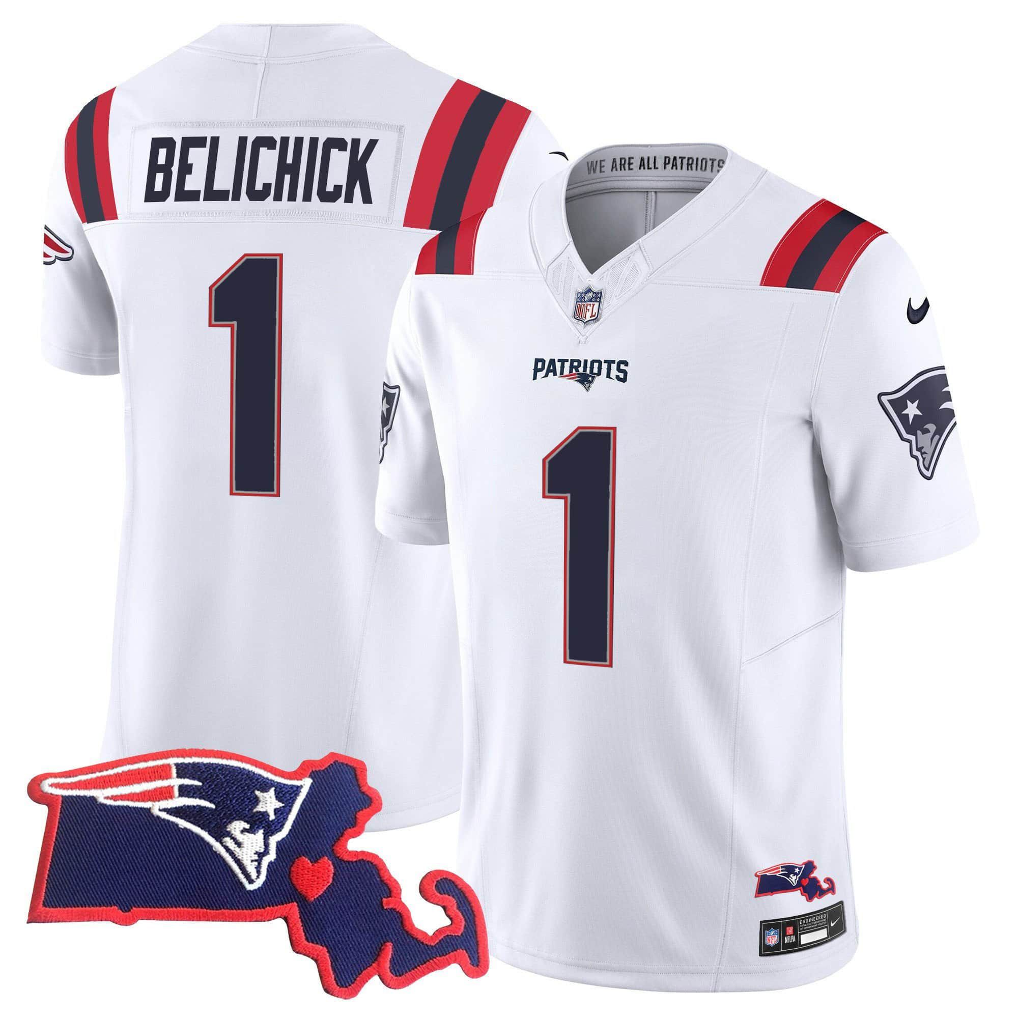 Men New England Patriots #1 Belichick White 2024 Nike Patch Vapor Limited NFL Jersey